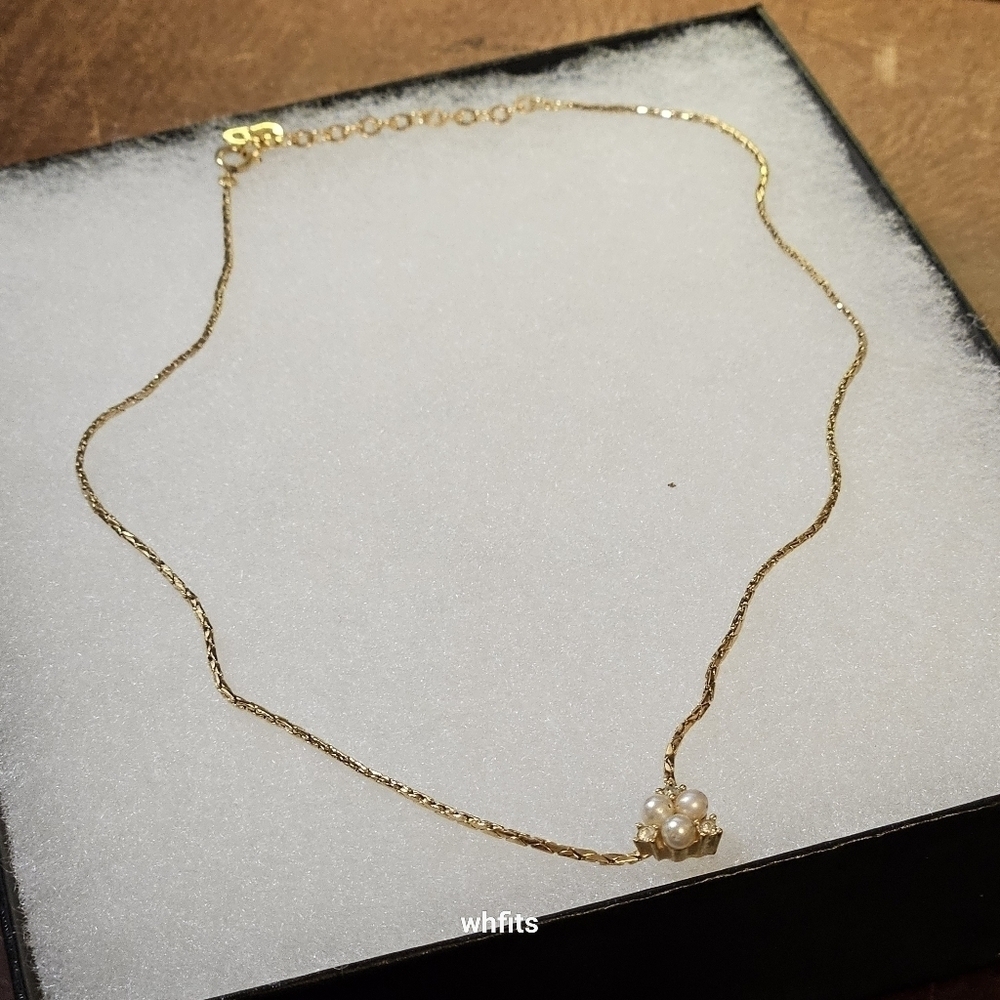Christian Dior Rhinestone Pearl Gold Tone Pendant Necklace